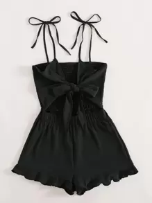 Trelyra 打結細節打褶荷葉邊吊帶連體短褲 - 黑色 - 查看 5