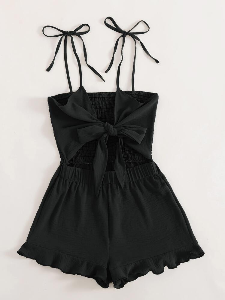 Trelyra 打結細節打褶荷葉邊吊帶連體短褲 - 黑色 - 查看 5