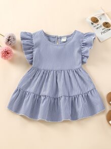 SHEIN Young Girl Striped Print Butterfly Sleeve Ruffle Hem Peplum Blouse