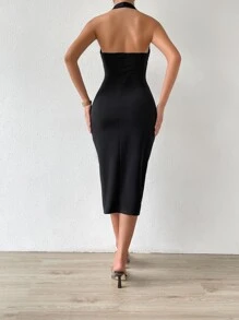 Firerie Ruched Side Split Thigh Backless Halter Dress - Black - View 2