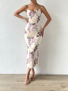 SHEIN Privé Đầm Vắt Hoa Thanh lịch - Màu be - Xem 3