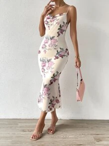 SHEIN Privé Đầm Vắt Hoa Thanh lịch - Màu be - Xem 7