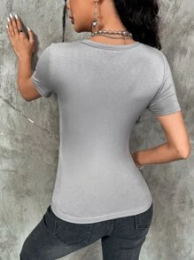 SHEIN ICON Butterfly Print V Neck Tee - Grey - View 2