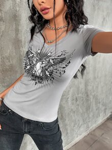 SHEIN ICON Butterfly Print V Neck Tee - Grey - View 4