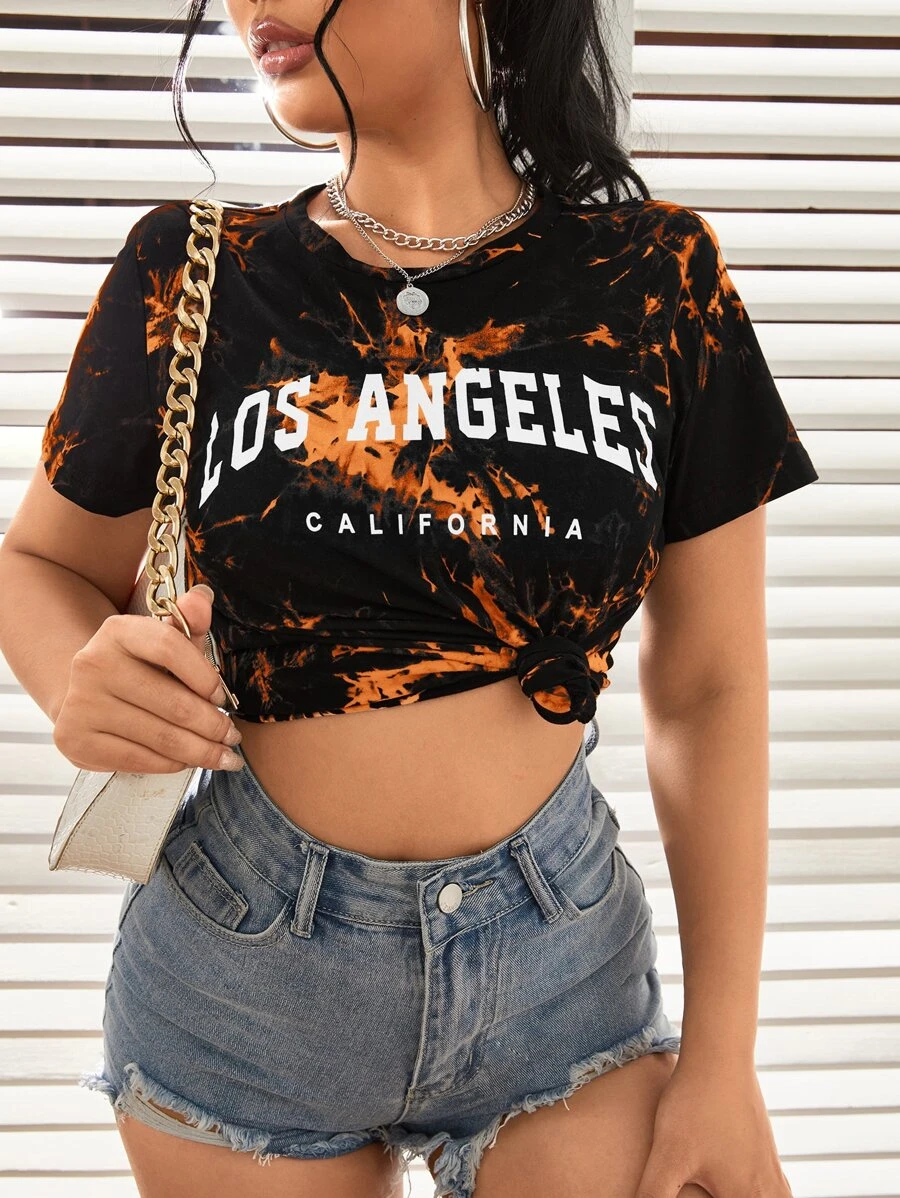 SHEIN EZwear Áo thun nữ Lá thư Cà vạt nhuộm Giải trí - trái cam - Xem 1