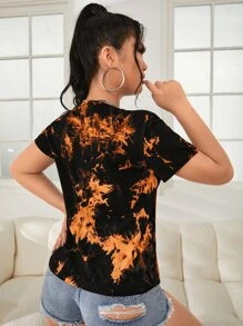 SHEIN EZwear Áo thun nữ Lá thư Cà vạt nhuộm Giải trí - trái cam - Xem 2