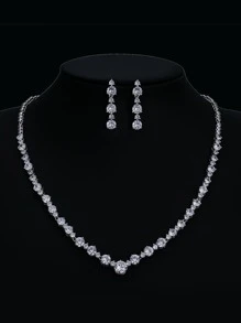 Cubic Zirconia Decor Necklace & Drop Earrings