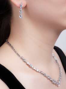 Cubic Zirconia Decor Necklace & Drop Earrings