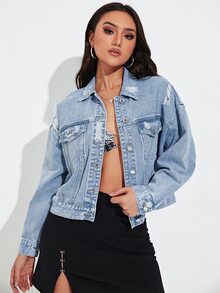 Cazadora mezclilla desgarro crudo de hombros caídos - Lavado ligero - Ver 4