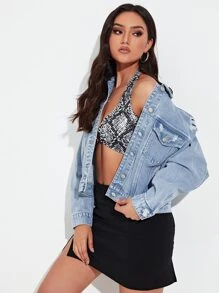 Cazadora mezclilla desgarro crudo de hombros caídos - Lavado ligero - Ver 1