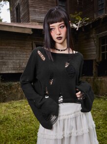 ROMWE Goth 素色破洞毛衣 - 黑色 - 查看 1