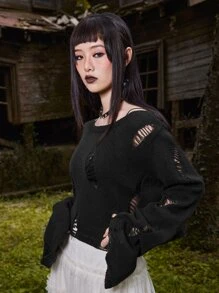 ROMWE Goth 素色破洞毛衣 - 黑色 - 查看 4