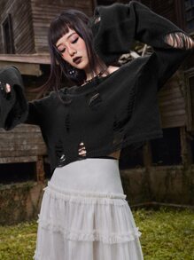 ROMWE Goth 素色破洞毛衣 - 黑色 - 查看 6