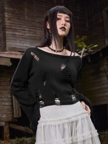 ROMWE Goth 素色破洞毛衣 - 黑色 - 查看 7