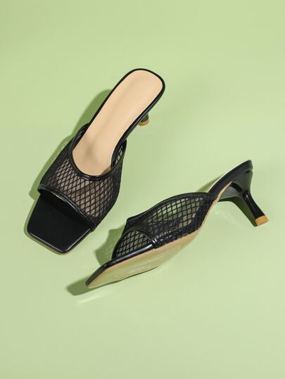 Minimalist Mesh Stiletto Heeled Mule Sandals, Black Fashionable Hollow Out Solid Color Mules