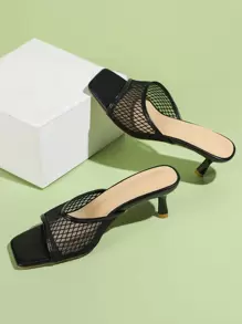 Sandalias minimalistas con tacón de aguja de malla, mulas de color sólido ahuecadas de moda negras