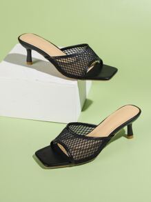 Sandalias minimalistas con tacón de aguja de malla, mulas de color sólido ahuecadas de moda negras