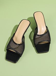 Sandalias minimalistas con tacón de aguja de malla, mulas de color sólido ahuecadas de moda negras