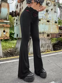 ROMWE PUNK Quần nữ Dây kéo Xù màu trơn Giải trí - màu đen - Xem 5