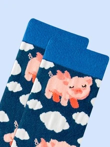 雲朵和卡通圖案中筒襪 - 彩色 - 查看 3