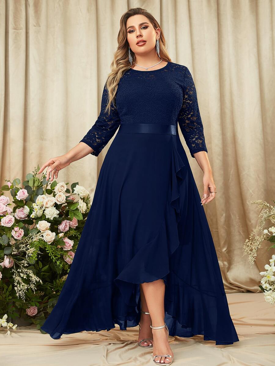 MIUSOL Vestido maxi de fiesta elegante con mangas 3/4, encaje floral y volantes, vestido de gala formal, vestido de graduación, para invitados a bodas, cenas - Azul Marino - Ver 1