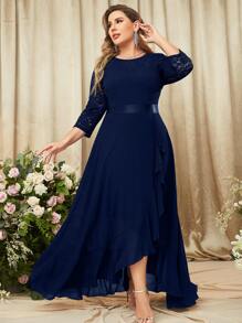 MIUSOL Vestido maxi de fiesta elegante con mangas 3/4, encaje floral y volantes, vestido de gala formal, vestido de graduación, para invitados a bodas, cenas - Azul Marino - Ver 6