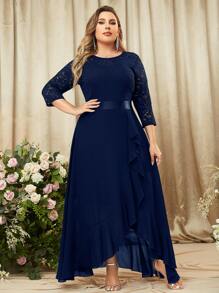 MIUSOL Vestido maxi de fiesta elegante con mangas 3/4, encaje floral y volantes, vestido de gala formal, vestido de graduación, para invitados a bodas, cenas - Azul Marino - Ver 3