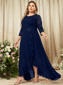 MIUSOL Vestido maxi de fiesta elegante con mangas 3/4, encaje floral y volantes, vestido de gala formal, vestido de graduación, para invitados a bodas, cenas - Azul Marino - Ver 5