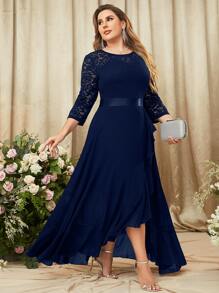 MIUSOL Vestido maxi de fiesta elegante con mangas 3/4, encaje floral y volantes, vestido de gala formal, vestido de graduación, para invitados a bodas, cenas - Azul Marino - Ver 4