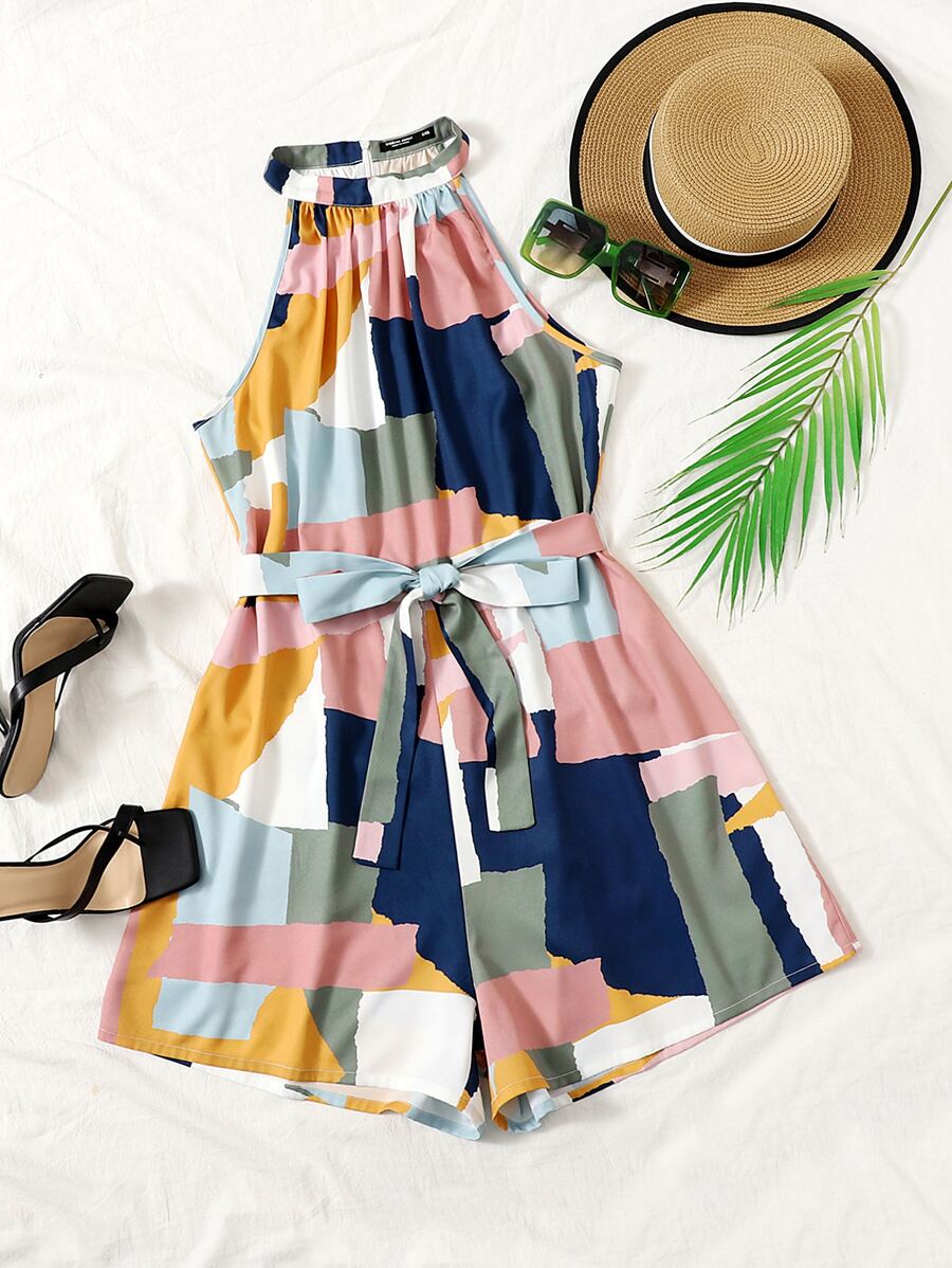 SHEIN VCAY Plus Colorblock Geo Print Belted Halter Romper - Multicolor - View 1