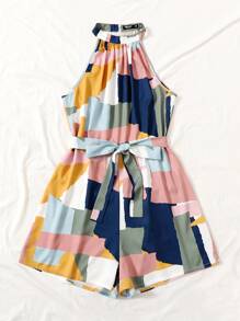 SHEIN VCAY Plus Colorblock Geo Print Belted Halter Romper - Multicolor - View 5