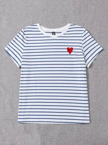 SHEIN EZwear Plus Size Heart Pattern Blue & White T-Shirt, Suitable For Spring/Summer,Business Casual Woman - Blue and White - View 5