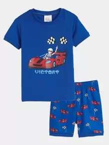 Boys Skeleton & Car Print Snug Fit PJ Set - Blue - View 2