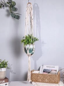 1入組布藝植物掛鉤北歐編織懸掛式花盆裝飾籃 - 米色 - 查看 1