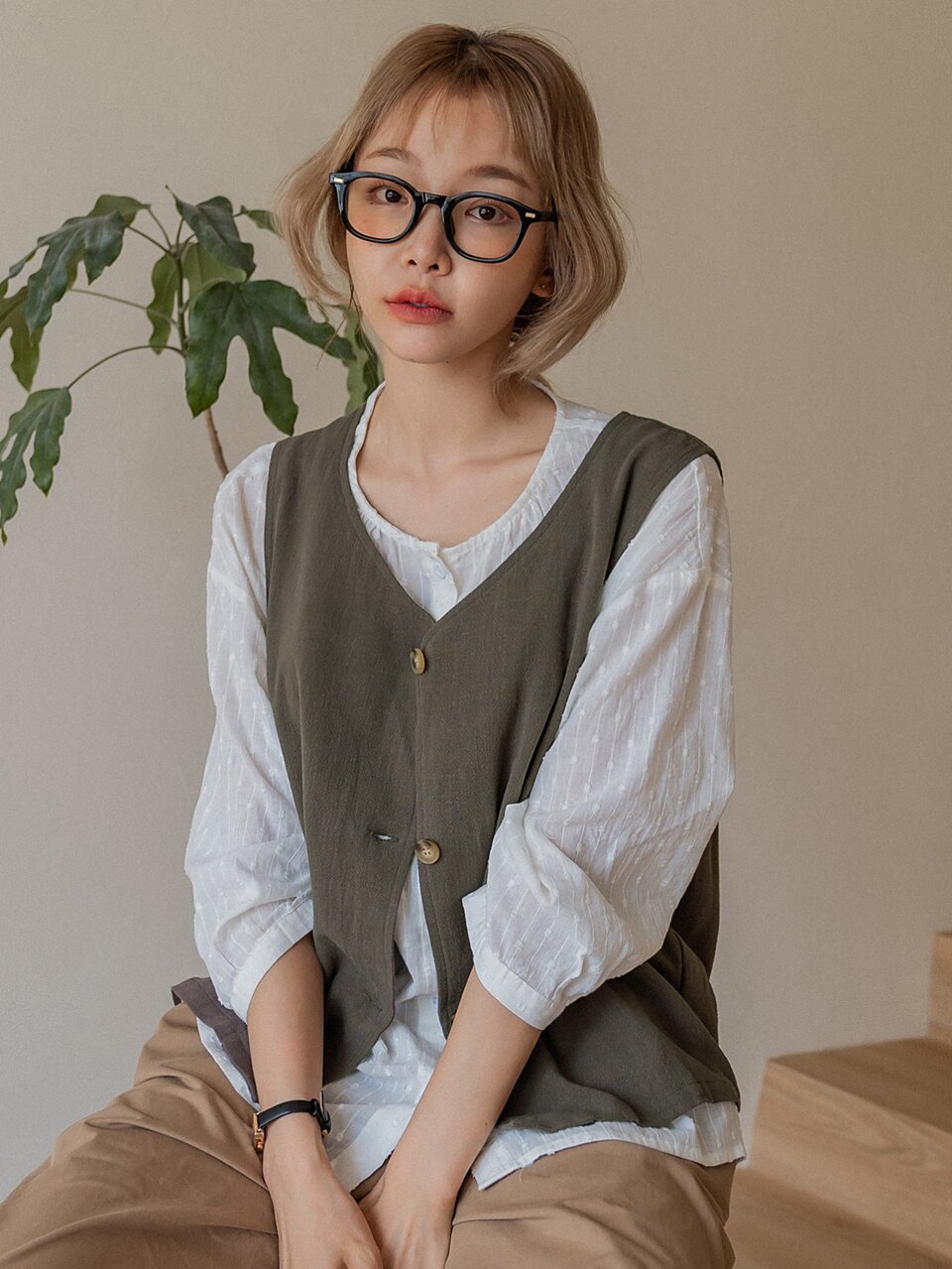 Solid Button Up Vest Jacket Without Blouse