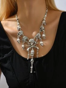 1pc Halloween Horror Skull Decor Rhinestone Embellished Luxurious Exaggerated Necklace For Women - Antique Silver - View 1