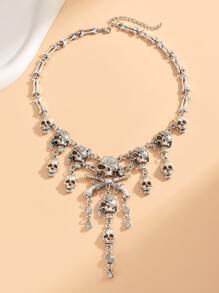 1pc Halloween Horror Skull Decor Rhinestone Embellished Luxurious Exaggerated Necklace For Women - Antique Silver - View 2