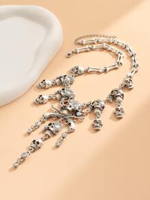 1pc Halloween Horror Skull Decor Rhinestone Embellished Luxurious Exaggerated Necklace For Women - Antique Silver - View 3