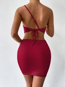Zolique One Shoulder Cut Out Ruched Tie Backless Dress Burgundy Color Women Outfit Halloween - Burgundy - View 2
