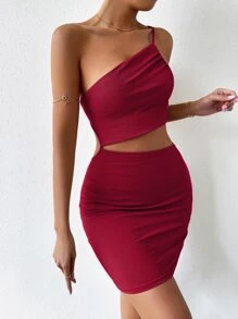 Zolique One Shoulder Cut Out Ruched Tie Backless Dress Burgundy Color Women Outfit Halloween - Burgundy - View 3