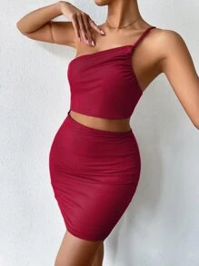 Zolique One Shoulder Cut Out Ruched Tie Backless Dress Burgundy Color Women Outfit Halloween - Burgundy - View 4