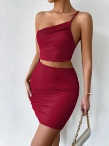 Zolique One Shoulder Cut Out Ruched Tie Backless Dress Burgundy Color Women Outfit Halloween - Burgundy - View 5