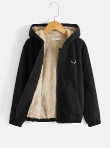 SHEIN 適合青少年男孩的鹿角印花貼娃娃呢襯裡拉鍊帽夾克