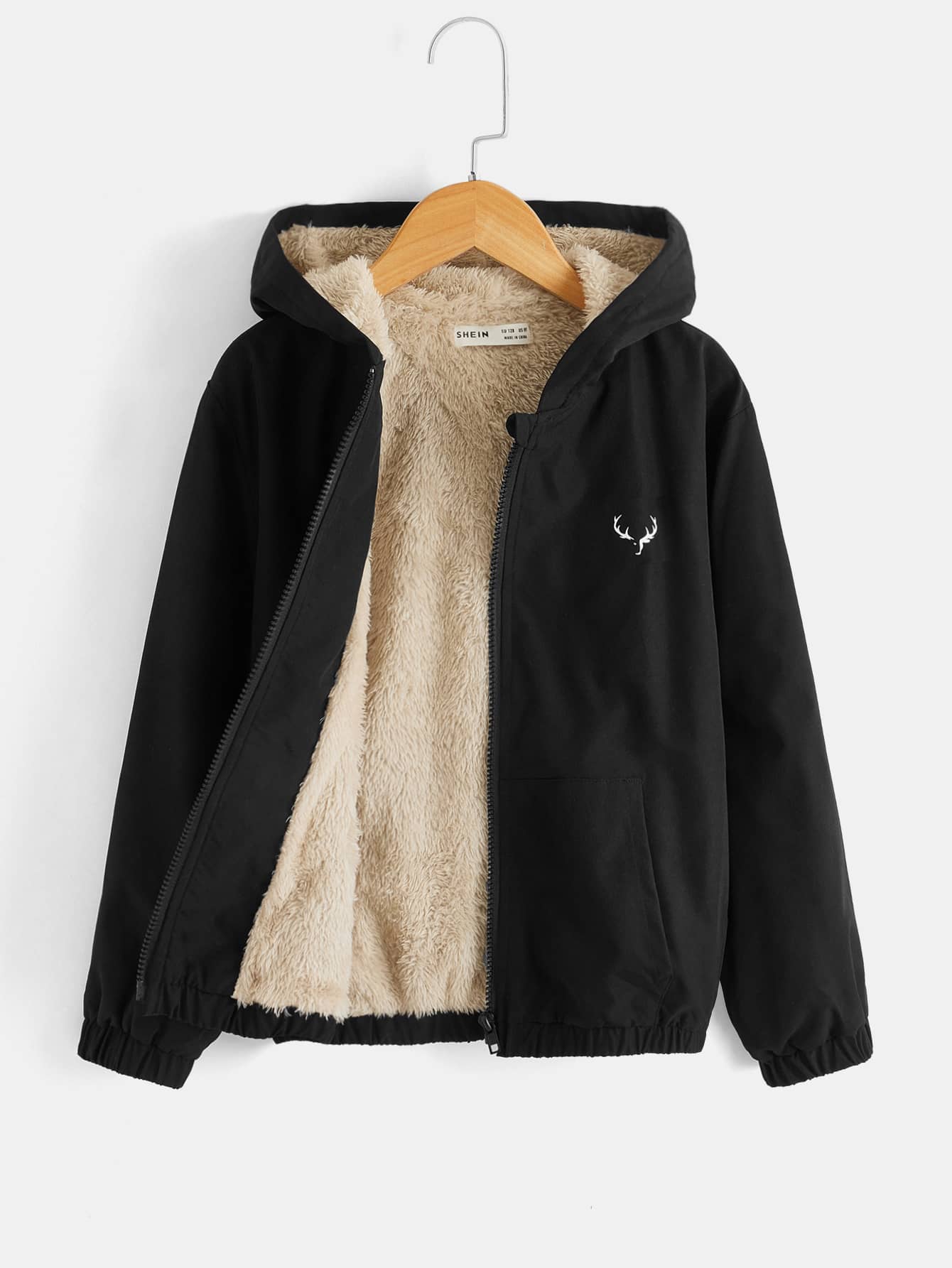 SHEIN 適合青少年男孩的鹿角印花貼娃娃呢襯裡拉鍊帽夾克