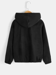 SHEIN 適合青少年男孩的鹿角印花貼娃娃呢襯裡拉鍊帽夾克