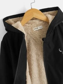 SHEIN 適合青少年男孩的鹿角印花貼娃娃呢襯裡拉鍊帽夾克