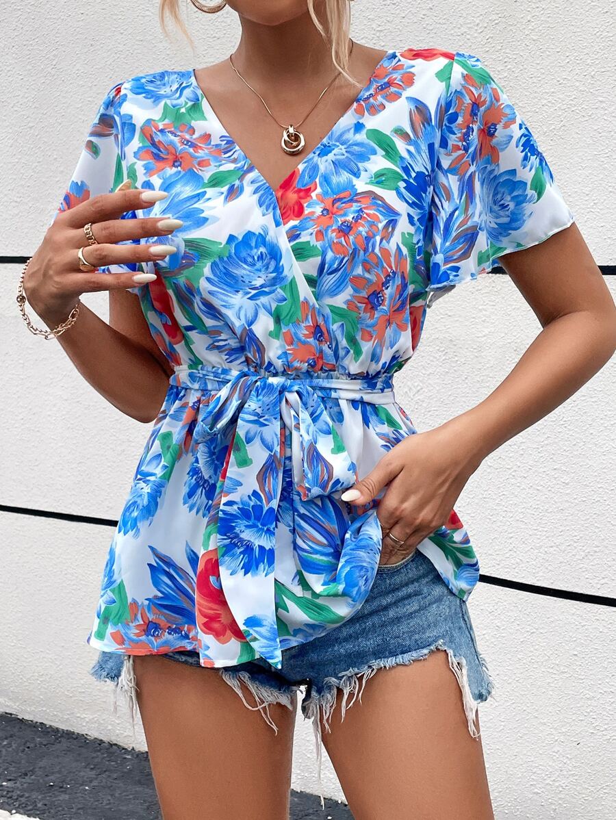 Random Floral Print Flutter Sleeve Overlap Collar Belted Blouse