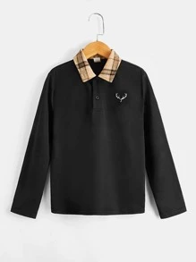 SHEIN Áo có cổ Trai Tương phản ren Nghề thêu Nút phía trước Thú vật Sọc ca rô Sẵn sàng - màu đen - Xem 1