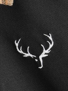 SHEIN Áo có cổ Trai Tương phản ren Nghề thêu Nút phía trước Thú vật Sọc ca rô Sẵn sàng - màu đen - Xem 3