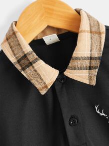 SHEIN Áo có cổ Trai Tương phản ren Nghề thêu Nút phía trước Thú vật Sọc ca rô Sẵn sàng - màu đen - Xem 4